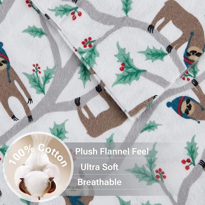 True North by Sleep Philosophy Cozy Flannel Warm 100% Cotton Sheet - Novelty Print Animals Stars Cute Ultra Soft Cold Weather Bedding Set, Twin, Multi Sloth 3 Piece