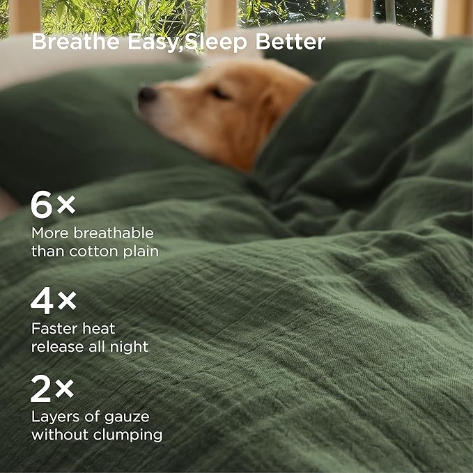Bedsure Muslin Duvet Cover King Size - Cotton Blend Rayon Derived from Bamboo, Cooling Duvet Covet for Hot Sleepers - Ultra-Soft & Breathable Bedding Set for All Seasons(Olive Green, 104"x90")