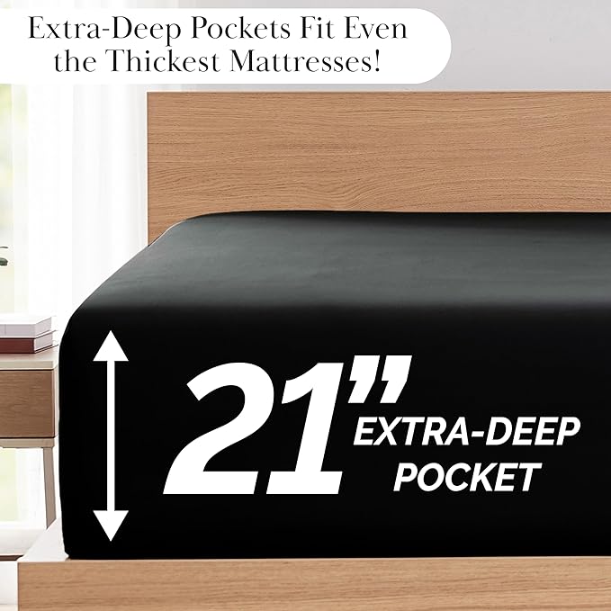 SouthShore Fine Living Vilano Pleats, 4-Piece, 21-Inch Extra Deep Pocket Sheet Set, Full Sheets Set with Flat Sheets and Pillowcase, Easy Care and Shrinkage-Free Deep Pocket Sheets, Sheet Set, Black