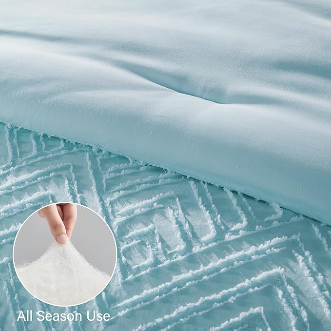 Zzlpp Twin Comforter Set 5 Pieces, Light Blue Tufted Bed in a Bag with Comforter and Sheets, All Season Boho Bedding Sets with 1 Comforter, 1 Pillow Sham, 1 Pillowcase, 1 Flat Sheet, 1 Fitted Sheet