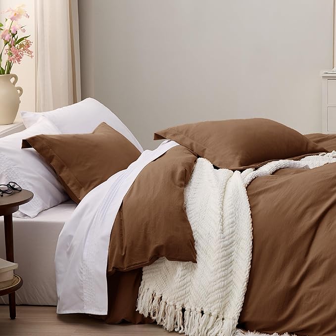 Bedsure Brown Duvet Cover Full Size - 3 Pieces Prewashed Extra Soft Cotton-Like Polyester Bedding Set, Includes 1 Duvet Cover 80x90 Inches with Zipper Closure & 2 Pillow Shams, Comforter Not Included