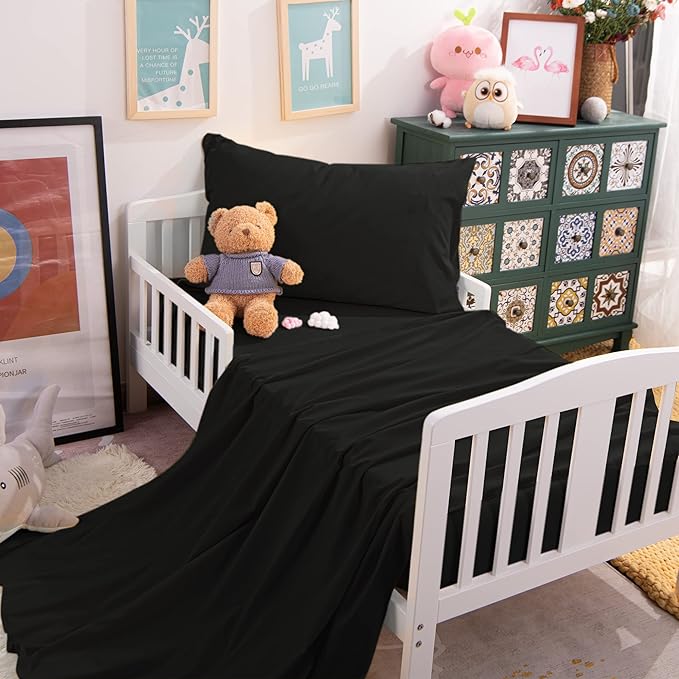 NTBAY Toddler Sheet Set - 3-Piece Microfiber Crib Sheet Set - Flat Sheet, Fitted Sheet, Pillowcase - Solid Toddler Bedding, Black