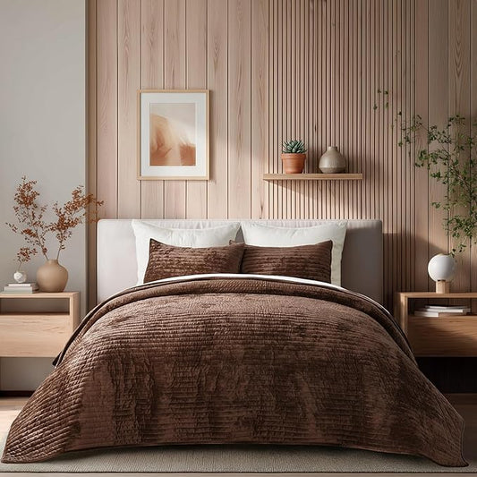 EVERGRACE Velvet Quilt Set King Size, Luxurious Soft Striped Channel Bedding Set, Lightweight Velvet Comforter for All Season, Oversized Bedspread Coverlet with 2 Matching Shams, Rust Brown