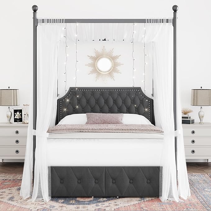 Keyluv Queen Upholstered Canopy Bed Frame with 2 Drawer and Button Tufted Headboard Metal Platform Bed with 4 Removable Posts Two-Purpose Velvet Bed No Box Spring Needed Dark Grey/Curtain Not Included