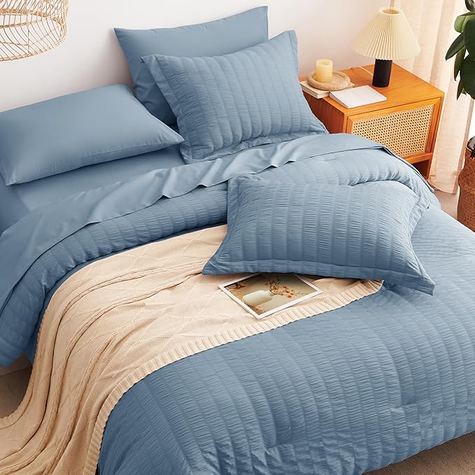 CozyLux Grayish Blue Full Size Comforter Sets with Sheets 7 Pieces, Dusty Blue Seersucker Bed in a Bag Textured Luxury Soft Bedding Set with Down Alternative Comforter, Sheets, Pillowcases & Shams