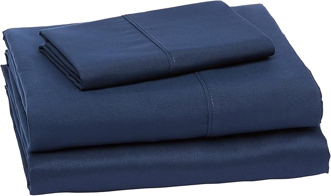 Amazon Basics Lightweight Super Soft Wrinkle-Free Breathable Brushed Microfiber 3-Piece Fitted Sheet Set with 14-Inch Deep Pockets, Twin XL, Navy Blue, Solid