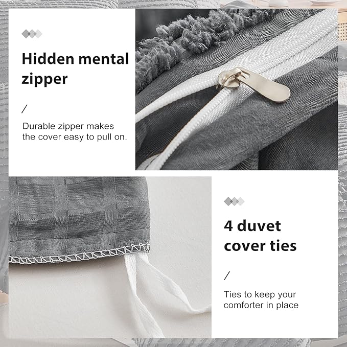 WARMDERN Boho Duvet Cover Set King Size,Dark Grey Striped Duvet Cover Microfiber Bedding Set,3PCS Ultra Soft Breathable Lightweight Tuft Texture Duvet Covers with Zipper Closure(Dark Grey,King)