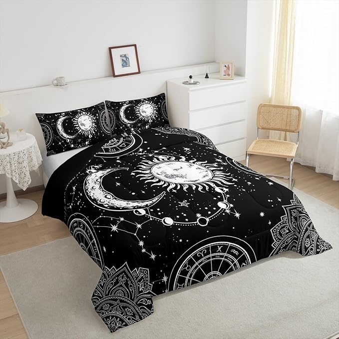 Sun and Moon Bedding Set Constellation Galaxy Comforter Set for Kids Boys Girls Teens Psychedelic Boho Mandala Comforter Breathable Celestial Duvet Set Black White Room Decor Quilt Cover King Size