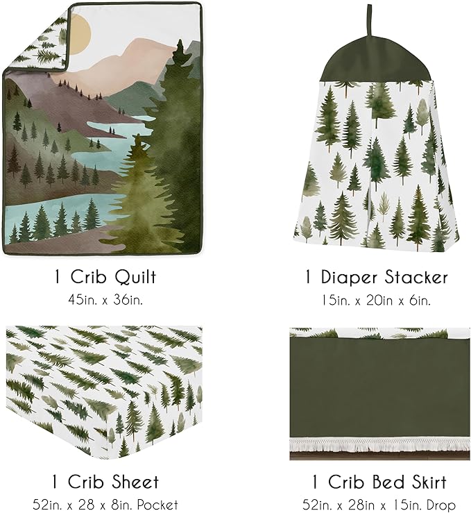 Sweet Jojo Designs 4-Piece Baby Crib Bedding Set (Sage Green Woodland) for Boys or Girls, Infants/Nursery incl. Blanket, Fitted Sheet, Skirt, Diaper Stacker (Forest Nature, Pine Tree, Christmas Trees)