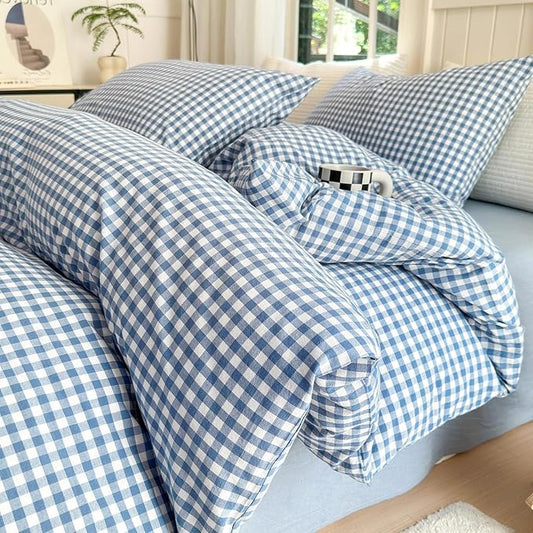 LifeTB Blue Gingham Comforter Set King 3 Pieces Modern Plaid Checkered Pattern Comforter Gingham Bedding Set Fluffy Soft Grid Plaid Bedding Comforter Farmhouse Checkered Comforter Set King Size