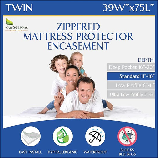 Twin Size Zippered Bed Bug Mattress Protector Waterproof Encasement Hypoallergenic Premium Bedbug Cover White