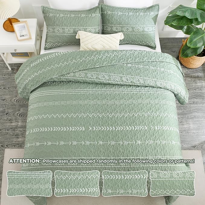 Andency Sage Green California King Quilt Set, 3 Pieces Boho Lightweight Soft Striped Cal King Bedspread for All Season (112"x104"), Printed Bohemian Microfiber Reversible Coverlet Comforter Sets