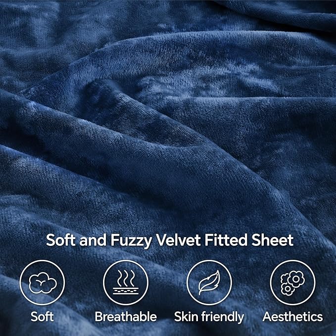 BEDELITE Velvet Fitted Sheet and Pillowcases Set, Luxury Soft Fuzzy Bottom Sheet with Reinforced Elastic Corner Straps, Deep Pocket up to 15", 1 Fitted Sheet and 2 Pillowcases (Cal King, Navy Blue)