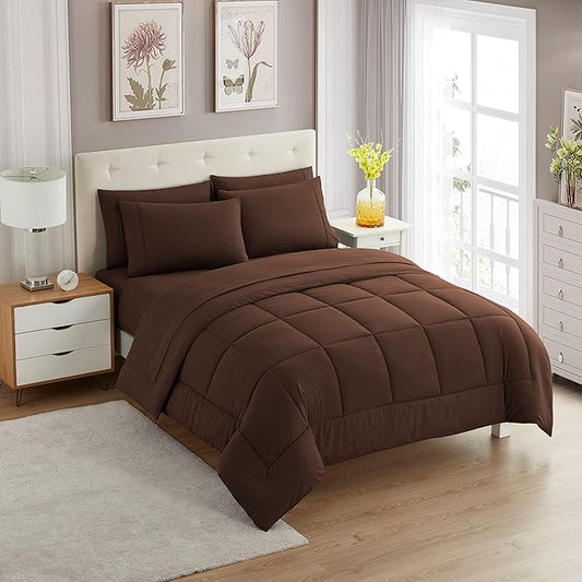 Sweet Home Collection 5 Piece Comforter Set Bag Solid Color All Season Soft Down Alternative Blanket & Luxurious Microfiber Bed Sheets, Brown, Twin XL