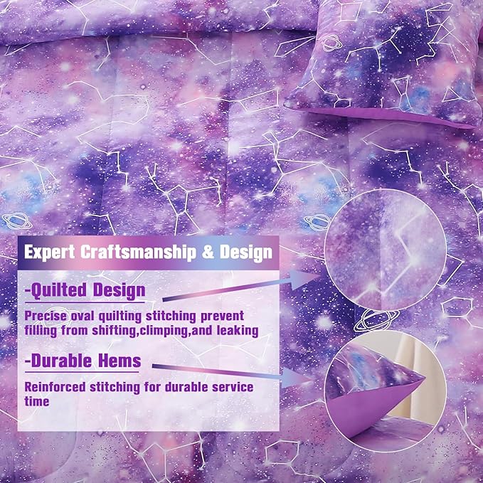 JQinHome Twin Gradient Galaxy Comforter Set for Girls,6 Piece Bed in A Bag 3D Colorful Tie Dye Constellation Print Ombre Bedding Set (Purple)