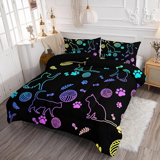 Black Cat Bedding Cartoon Cat Comforter Set Queen,Neon Cat Paw Ball of Yarn Printed Kids Bedding for Cat Lover Boys Girls Adults Room Decor,Kids Comforter,1 Quilt 2 Pillow Cases,Neon Color Purple Blue