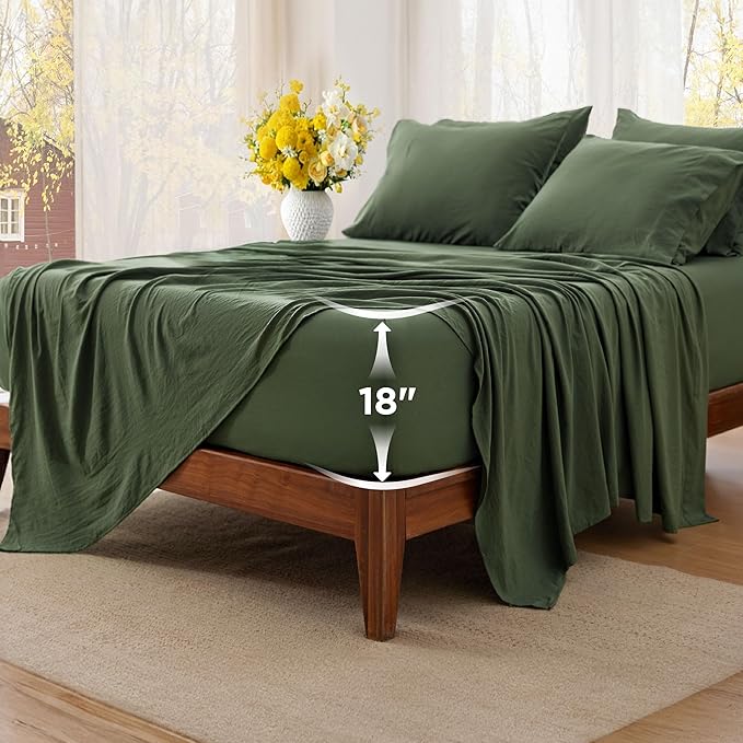 Bedsure Deep Pocket Queen Sheets - 6 Piece, Prewashed Ultra-Soft Queen Sheet Set, Fits Mattresses Up to 18 Inches Thick, Breathable & Secure Fit, Hotel Luxury Bedding, Olive Green