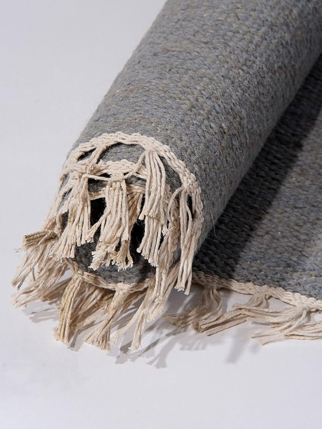 Rugsotic Carpets Hand Woven Flat Weave Kilim Wool ECO-Friendly Area Rugs - 10'x10', Square Shape, Silver Color, Solid Plain Design, Low Pile Handmade Area Rugs for Living Room, Bed Room (D00111)