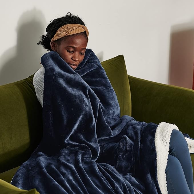 Bedsure GentleSoft Sherpa Fleece Twin Size Blanket for Couch, Non-Heated, Thick and Warm Throw for Women and Men, Soft Fuzzy Plush Twin Blanket for Winter, Navy, 60x80 Inches