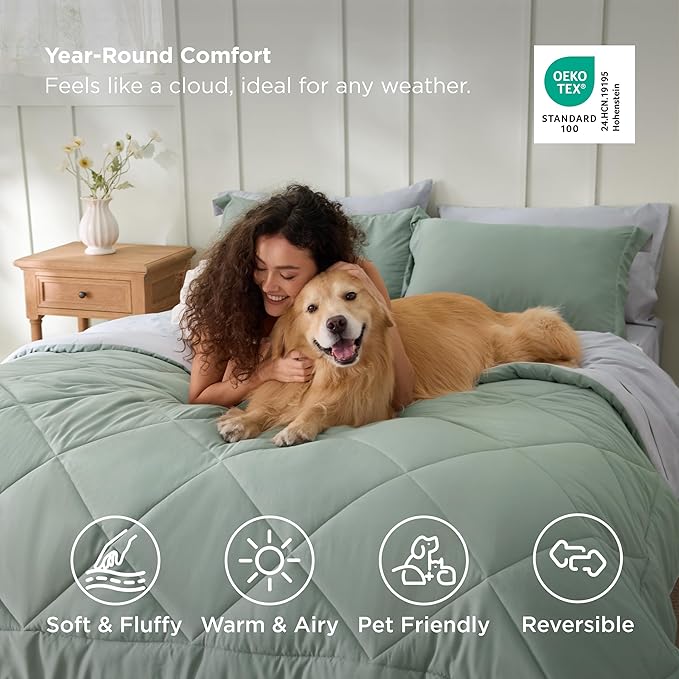 Bedsure King Size Comforter Set - 7 Pieces Reversible Sage Green Bedding, King Size Bed Set for All Seasons, Bed in a Bag with Down Alternative Comforter, Sheets, Pillowcases & Shams