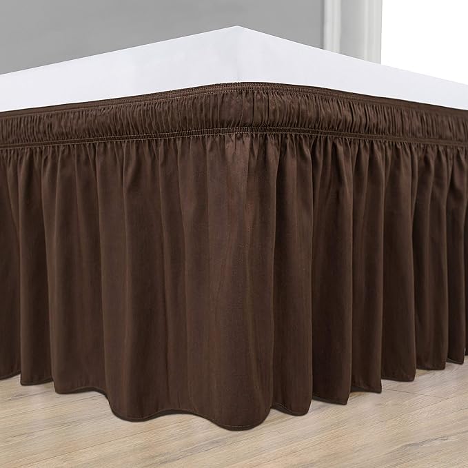 Wrap Around Bed Skirts Elastic Dust Ruffles, Easy Fit Wrinkle and Fade Resistant Silky Microfiber Fabric Solid Color Bedskirt, 12 Inch Tailored Drop Brown for Full Size Bed Skirt