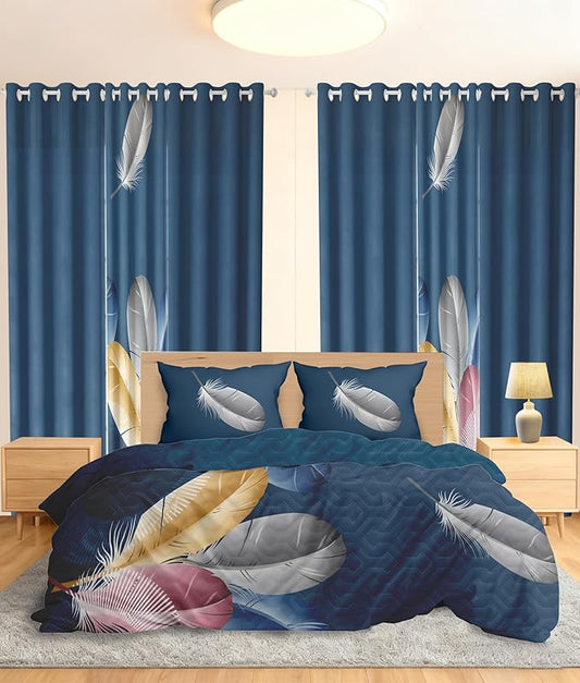 Comforter Sets with Matching Curtains, 1 Bedspread 2 Pillowcases 2 Print 4 Solid Curtains, Blue Feather Microfiber Queen Comforter Set, Soft for Guest Suite