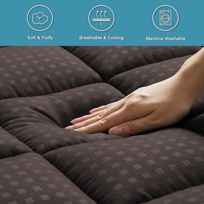 HYLEORY Queen Mattress Pad Quilted Fitted Mattress Protector Cooling Pillow Top Mattress Cover Breathable Fluffy Soft Mattress Topper with 8-21" Deep Pocket, Brown
