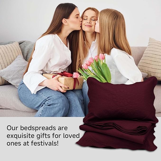 MOONLIGHT20015 8 Pack Quilt King Size Bedding (106" x 96") - Bulk Wholesale for Hotels, Guest Bedroom & Airbnbs - Lightweight Microfiber Reversible Floral Embossed Quilts Bedspreads (Burgundy)