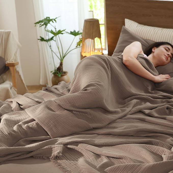 MooMee Muslin Blanket - 100% Cotton 4-Layer Gauze Throw Blanket with All-Around Fringe Ultra-Soft Breathable Lightweight Cooling for Bed Couch (Brown,Twin XL 66" x 90")