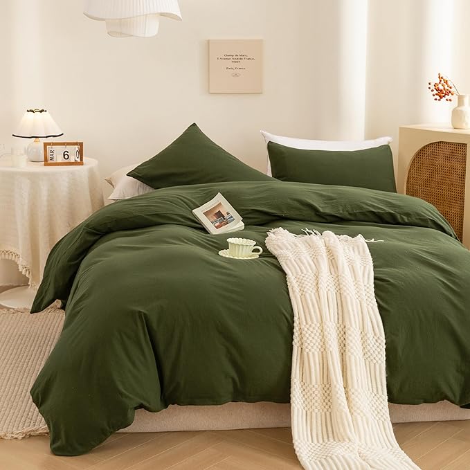 ECOCOTT 3 Pieces Duvet Cover Set Oversized Queen Size 100% Washed Cotton 1 Duvet Cover with Zipper and 2 Pillowcases, Ultra Soft and Breathable Cozy Simple Style Bedding (98''x98'')
