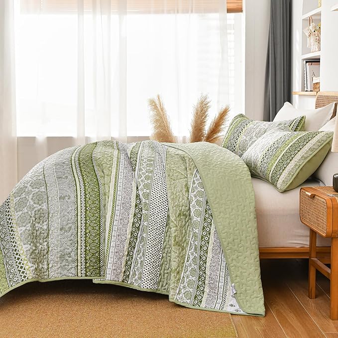WONGS BEDDING Boho Quilt Set King Size, Sage Green Bohemian 3 Pieces Quilt Sets, Lightweight Bedspread Coverlet Bedding Set for All Season (104"x90")
