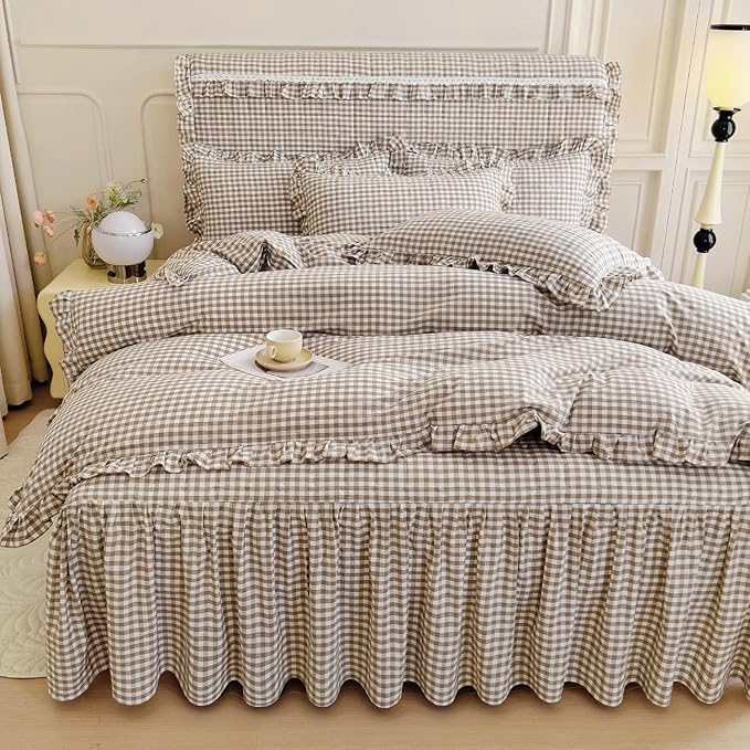 LifeTB Tan Gingham Comforter Set King Vintage Ruffle Beige Taupe Plaid Comforter Set 3 Pieces Soft Fluffy Grid Checkered Pattern Comforter with 2 Pillowcases Farmhouse Gingham Plaid Bedding Set