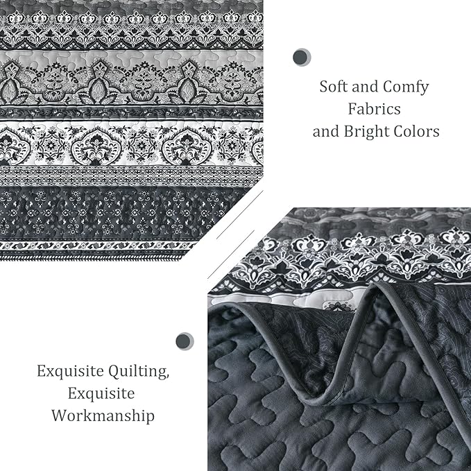 WONGS BEDDING Boho King Quilt Set, Black Bohemian Quilt Bedding Set, Lightweight Bed Decor Bedspread for All Season Reversible Microfiber Coverlet Bedding Set 110"x90"(3 Pieces)