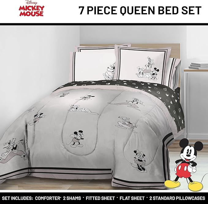 Jay Franco Kids Comforter Set Includes Sheets and Pillow Covers - Soft and Cozy Bed Set for Stylish Room Decor, Official Licensed Bedding, Beige - Mickey and Friends, 7 Piece Queen