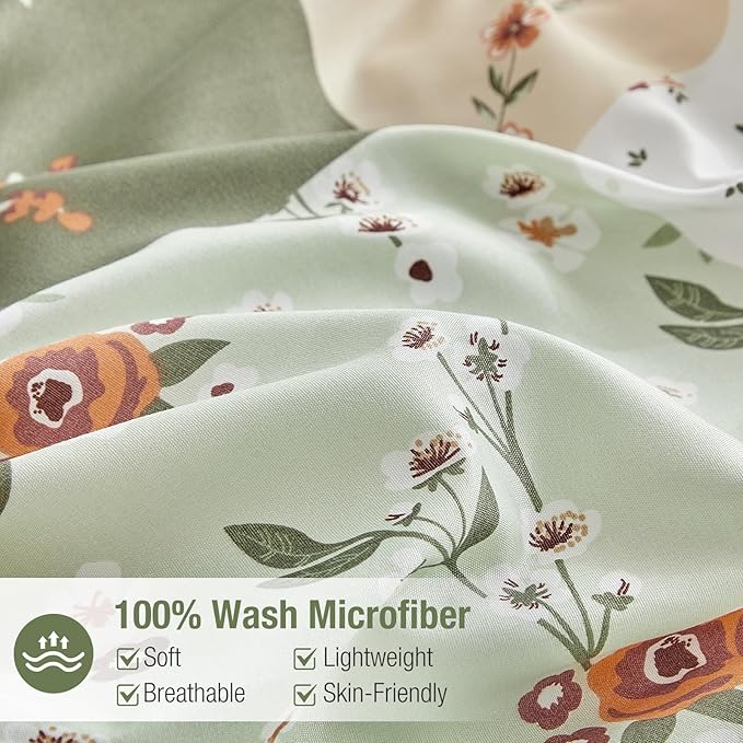 Lekesky King Size Duvet Cover Set, Patchwork Floral 3 Pieces Reversible Green Duvet Cover Set, Ultra-Soft Microfiber 3 Pieces Comforter Cover with Zipper and Corner Ties, Includes 2 Pillowcases