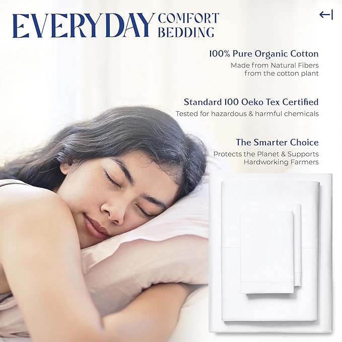 Mayfair Linen 100% Organic Cotton Percale Sheets Twin Size - 3 Piece White Set, 16" Deep Pocket, Breathable, Soft & Crisp, Cooling, Dorm Room Essentials