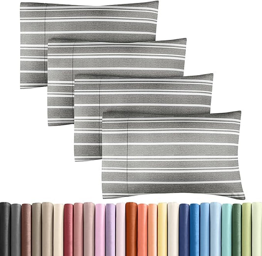 Queen Pillow Cases Set of 4 - Ultra Soft Hotel Quality Pillowcase Covers - Comfy, Cozy & Wrinkle Free - Shrinkage and Fade Resistant - Machine Washable Pillow Protectors - 4 Piece Set - Grey Stripes 3