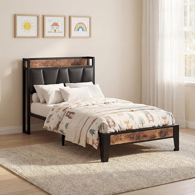 LIKIMIO Twin Bed Frame, Storage Headboard with Charging Station, Solid and Stable, Noise Free, No Box Spring Needed, Easy Assembly (Vintage and Black)