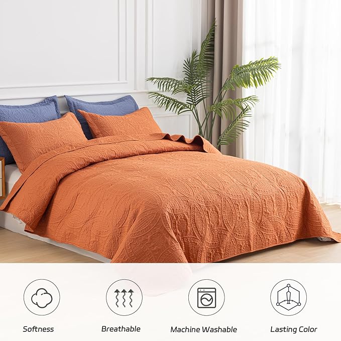 SheRest Twin Quilt Bedding Set - Soft Breathable Bed Quilt, Modern Style Embossed Bedspreads, Lightweight Microfiber Coverlet for All Seasons, Burnt Orange, 1 Quilt&1 Pillow Sham
