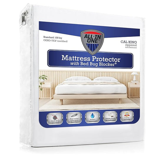 All-in-One Mattress Protector, Zippered Encasement, Water & Stain Resistant, Triple Seal Protection, California King, White