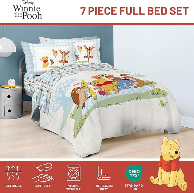 Jay Franco Kids Comforter Set Includes Sheets and Pillow Covers - Soft and Cozy Bed Set for Stylish Room Decor, Official Licensed Bedding, White - Winnie The Pooh, 7 Piece Full