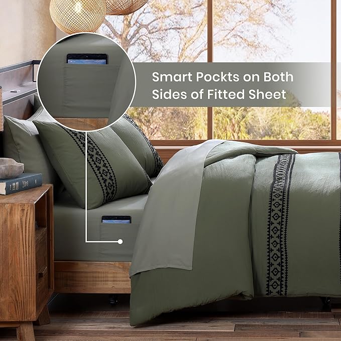 MaiRêve Embroidery Oversized King Size Comforter Set Olive Green, Boho Farmhouse Western Bedding Set 7 Pieces, All Season Bed in A Bag Comforter Set with Sheets, Pillowcases & Shams