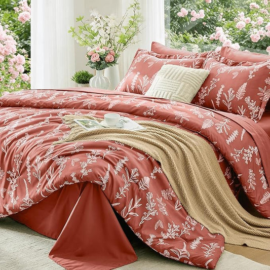 MUXHOMO Terracotta Bed in a Bag Queen 7 Pieces, Queen Comforter Set Reversible Botanical Flowers Design, Ultra Soft & Breathable Bedding Sets with Comforter, Sheets, Pillowcases & Shams