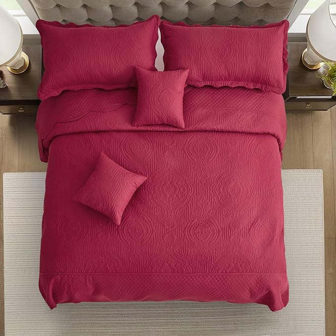 HZ & HY Oversized King Bedspread, Ultrasonic Coverlet Bedding Set, Lightweight Thin Comforter, Reversible, 5 Piece, 100% Microfiber, Wine Red