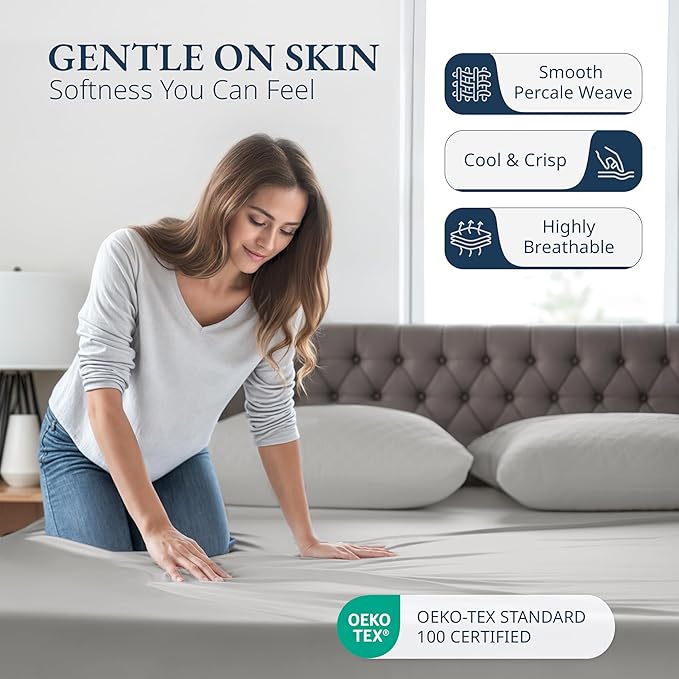 LANE LINEN King Fitted Sheet, 100% Organic Cotton, 3-Piece Set (1 Fitted Sheet,2 Pillowcases), Percale Weave, Ultra Soft, Breathable,Fits Mattress Upto 15" Deep - Silver (No Flat Sheet)