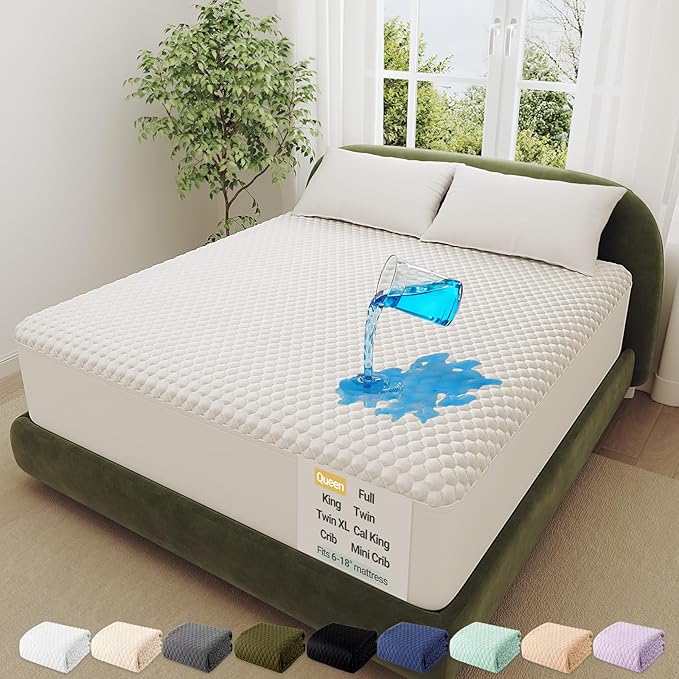 OhGeni 100% Waterproof Mattress Protector,Queen Size Mattress Soft Pad,Pet Hair & Bedwetting Resistant,Cooling Breathable Fitted Sheets,Washable Bed Cover,Non-Slip Deep Pocket,Noiseless for Bedroom