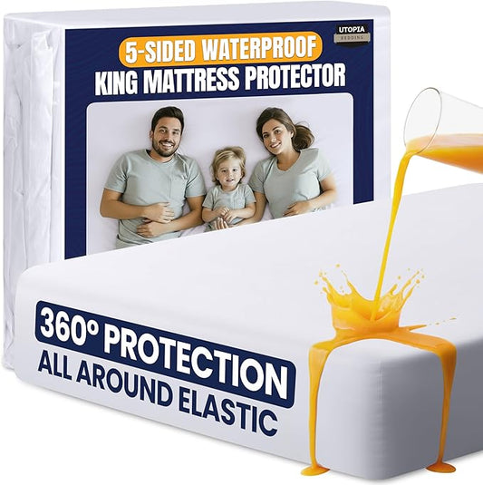 Utopia Bedding Waterproof 5-Sided Mattress Protector King Size, Premium Breathable Mattress Cover, Fitted Style with Stretchable Pockets (White)