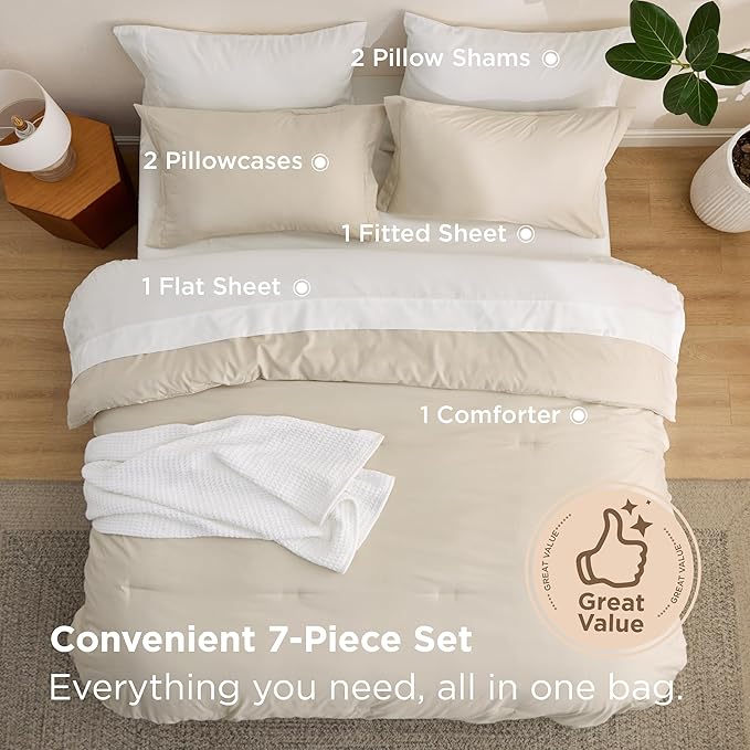 Bedsure King Size Comforter Set - 7 Pieces Beige King Bedding Set for All Seasons, Boho Contrasting Design Bed in a Bag with Comforter, Sheets, Pillowcases & Shams