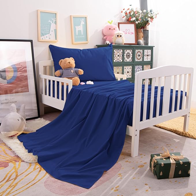 NTBAY Toddler Sheet Set - 3-Piece Microfiber Crib Sheet Set - Flat Sheet, Fitted Sheet, Pillowcase - Solid Toddler Bedding, Navy Blue