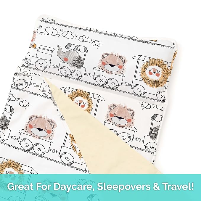 JumpOff Jo Nap Mat for Kids - Cozy Kids Rest Mat with Removable Pillow and Ultra Soft Blanket for Preschool, Daycare, and Sleepovers - Zoo Train